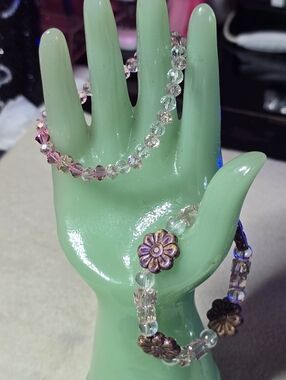 Purple & Gold Floral Stretch Bracelet Set Of 2 with Pink & Clear Crystal Accents